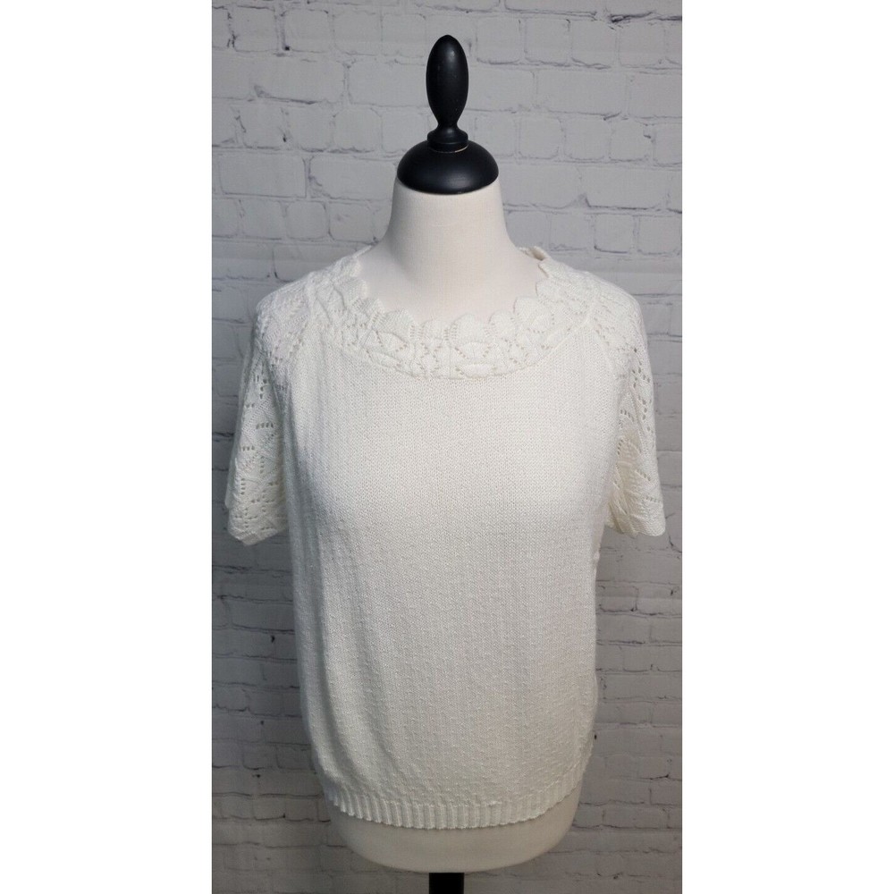 Vintage Haband Women's M White Sweater Crochet Lace Knit Top Blouse USA